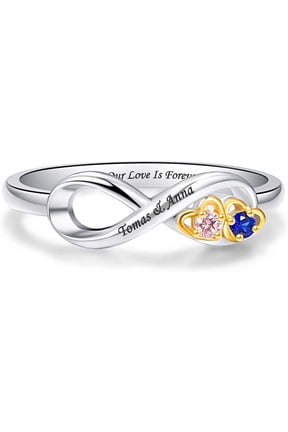 Women's Custom Ring 925 Sterling Silver Personalized Infinity Mothers Ring with 2 Round Simulated Birthstones Custom Engraved Engagement Promise Rings Size 5-12