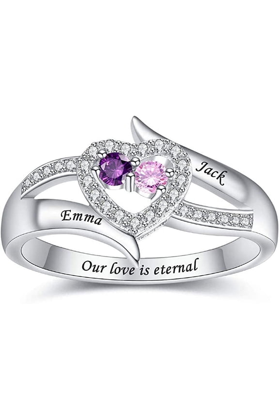 Women's Personalized 925 Silver Ring with 2 Simulated Birthstones Custom Engraved Mothers Rings with Name for Mom Couples Valentines Day Ring
