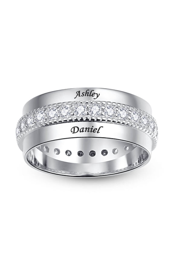 Women's Personalized 925 Silver Rings for Women Engraved Names with Channel Set Round Cut Two Laps of Simulated Diamond Design Size 5-12