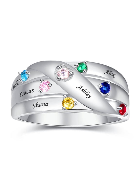 Women's Personalized 925 Sterling Silver Custom Name Rings For Women Infinity Mother 6 Round Cut Simulated Birthstones Twisted Stacking Engagement Wedding Silver Ring