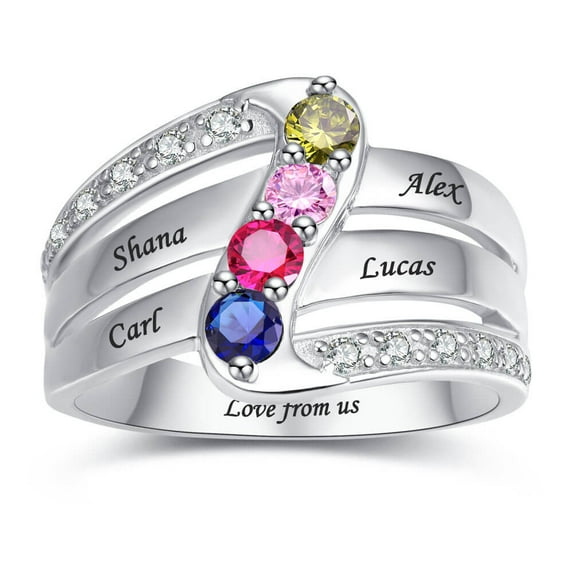 JQUEEN Women's Personalized 925 Sterling Silver Family Rings Sterling Silver Promise Rings for Women with 4 Name and 4 Simulated Birthstone
