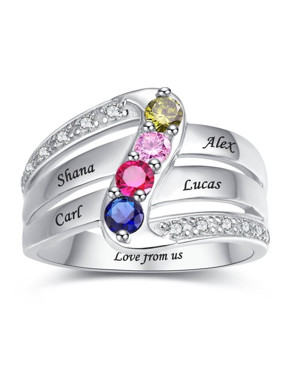 Women's Personalized 925 Sterling Silver Family Rings Sterling Silver Promise Rings for Women with 4 Name and 4 Simulated Birthstone