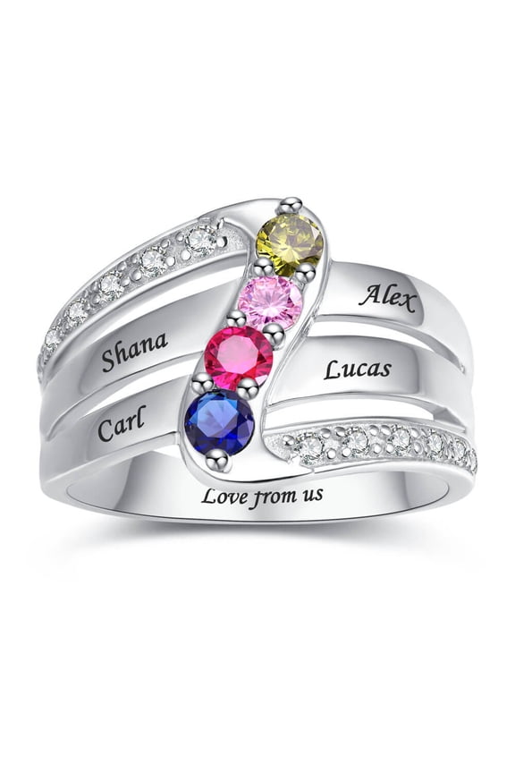 Women's Personalized 925 Sterling Silver Family Rings Sterling Silver Promise Rings for Women with 4 Name and 4 Simulated Birthstone