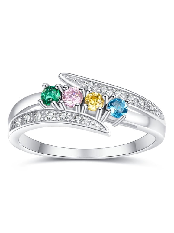 Women's Personalized 925 Sterling Silver Mothers Ring with 4 Simulated Birthstone Promise Rings Customized Engagement Rings for Women Size 5-12