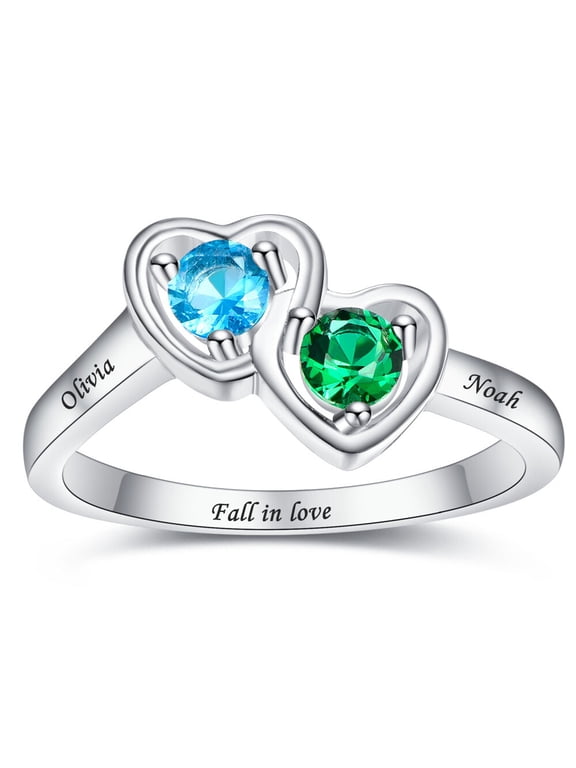 Women's Personalized 925 Sterling Silver Mothers Rings 2 Simulated Birthstones Customized Name Rings for Couple Band Size 5-12