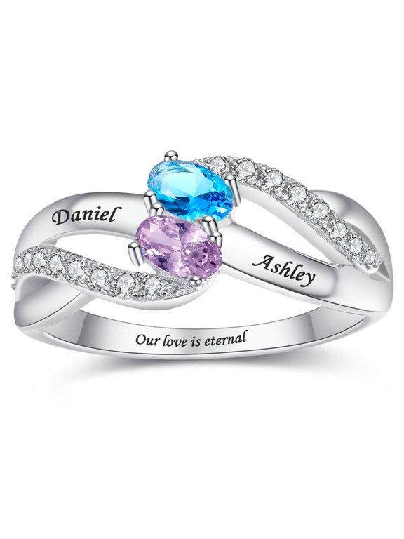 Women's Personalized 925 Sterling Silver Promise Birthstones Ring Wedding Eternity FriendshipBands Customised with 2 Engraved Names