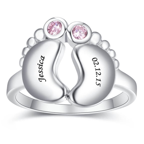 JQUEEN Women's Personalized 925 Sterling Silver Promise Rings with 2 Simulated Birthstones Name Rings for Couples Mothers Size 5-12