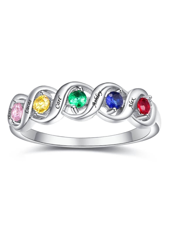 Women's Personalized 925 Sterling Silver Ring for Women with 4 Round Cut Engraved Couple Anniversary Promise Double Twisted Stacking Ring Size 5-12