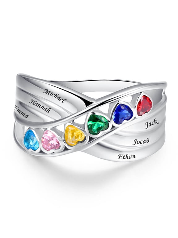 Women's Personalized 925 Sterling Silver Rings for Her with 6 Heart Cut birthstones Twisted Stacking Engraved Family Anniversary Rings for Mom Grandmother with Any Names Size 5-12
