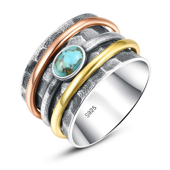JQUEEN Women's Sterling Silver Turquoise Ring - Bohemian Hammered Handmade Decompression Ring for Fidget Anxiety Relief
