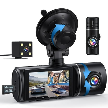 JQVV 3 Channel Dash Cam, 1080P Front and Rear Inside, Dashcam Three Way Triple Car Camera with IR Night Vision, Loop Recording, G-Sensor, WDR, 24H Parking Monitor, Support 128GB Max