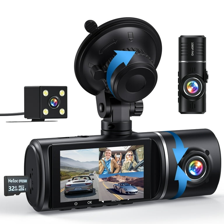 3 Channel Dash Cam Front and Rear Inside,1080P Full HD 170 Deg Wide Angle  Dashboard Camera,2.0 inch IPS Screen,Built in IR Night Vision,G-Sensor,Loop
