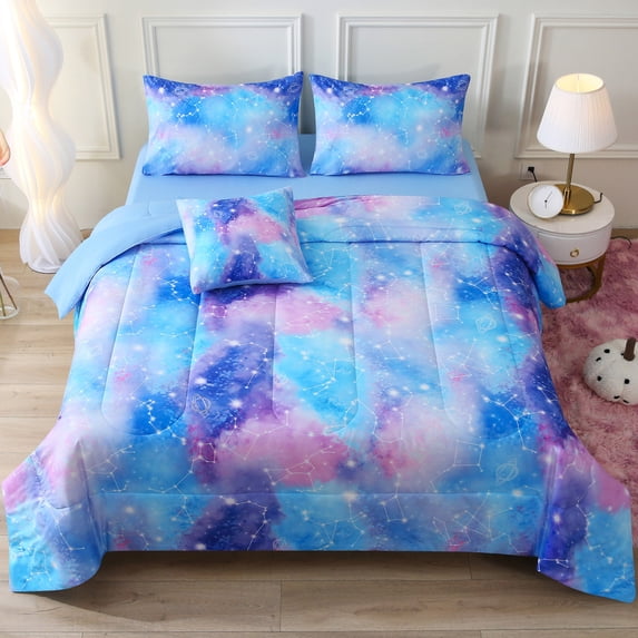 OKKEEY 6 Pcs Blue Constellation Girls Kids Comforter Set Full Size, Bed in a Bag Colorful Tie Dye Glitter Bedding Set with Sheet for Women & Teens