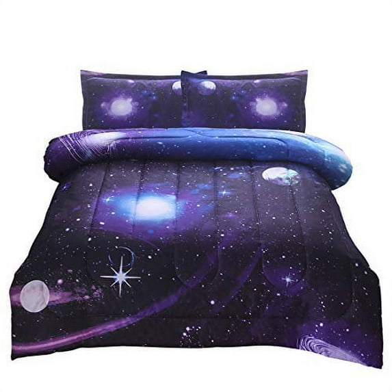 JQinHome Full 3-Piece Galaxy Purple Comforter Sets 3D Space Themed All-Season Down Alternative Quilted Duvet Reversible Design Includes 1 Comforter, 2 Pillow Shams