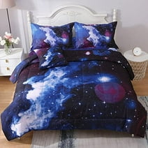 JQinHome Full Galaxy Comforter Sets 6 Piece Bed in A Bag, Outer Space Themed Bedding for Children Boy Girl Teen Kids - (1 Comforter, 1 Flat Sheet, 1 Fitted Sheet, 1 Pillowcase, 1 Cushion Cover)