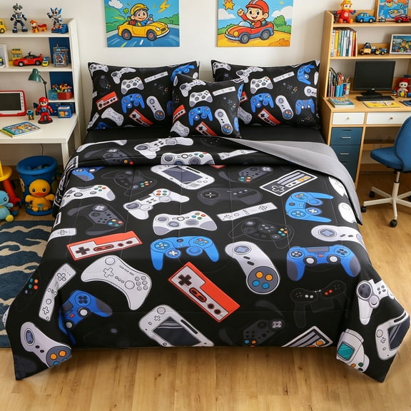 OKKEEY Black Blue Bed in a Bag Comforter Sets for Boys, Full Size 6 Pcs Gaming Controller Bedding Sets for Young Men Teens Kids, All Season Soft Microfiber Gamer Quilt Set with Sheets