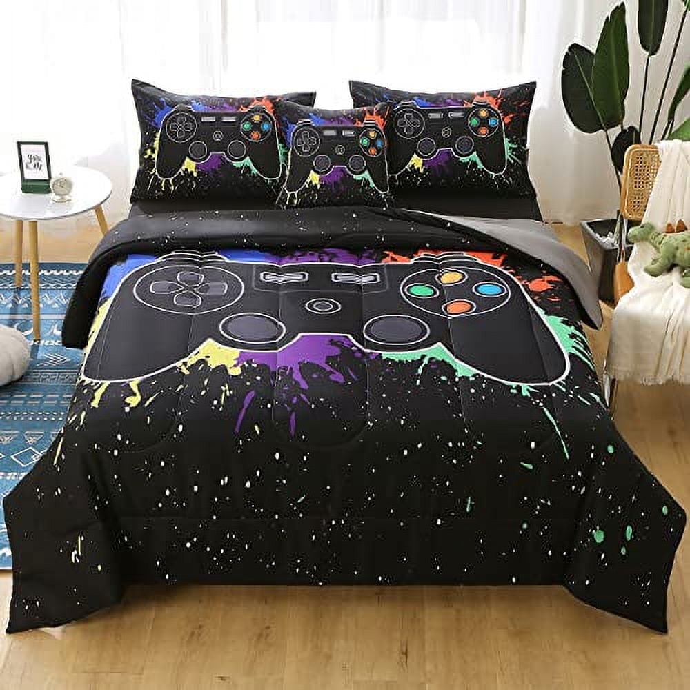 OKKEEY Boy Full Gaming Comforter Sets, 6 Pcs Video Gamer Bed in a Bag for Kids Teens, Ps5 Xbox Bedding Set Children's Room Decor Gift, Soft Microfiber Black Graffiti Game Bed for All Season