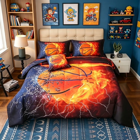 OKKEEY Teens Kids Full Basketball Bedding Sets, 6 Pcs Orange Sport Theme Comforter Sets for Boys, Soft Microfiber Bed in a Bag with Pillowcase, Sheets & Cushion Cover for All-Season