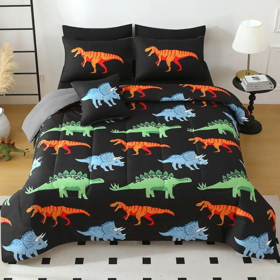 OKKEEY Full Dinosaur Bedding Set for Boys, 8 Pcs Blue/Orange/Green Dinosaurs Bed in a Bag Comforter Set with Pillowcase & Sheet for Kids Teens, All-Season Microfiber Room Decor Gift