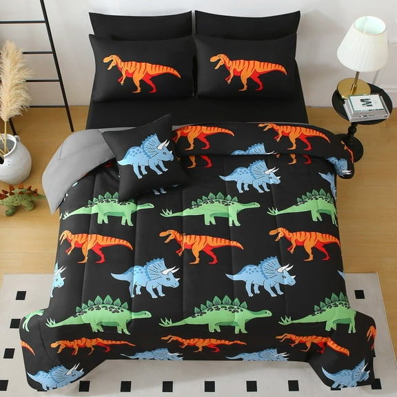 OKKEEY Full Dinosaur Bedding Set for Boys, 8 Pcs Blue/Orange/Green Dinosaurs Bed in a Bag Comforter Set with Pillowcase & Sheet for Kids Teens, All-Season Microfiber Room Decor Gift