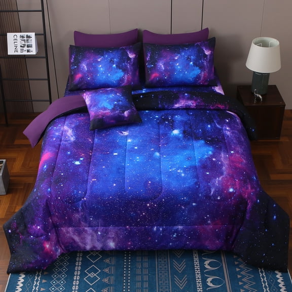 OKKEEY Full Galaxy Bed in a Bag for Boys & Girls, 6 Pcs Outer Space Theme Teens Bedding Sets, Reversible Soft Microfiber Comforter Sets Kids Room Decor (Blue-purple)