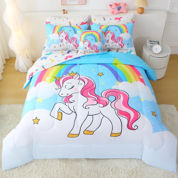 OKKEEY 8 Pcs Comforter Set Full Size for Girls Kids Teens, Rainbow Blue Unicorn All Season Bed in a Bag, Ultra Soft Bedding Sets with Comforter, Sheets, Pillowcases