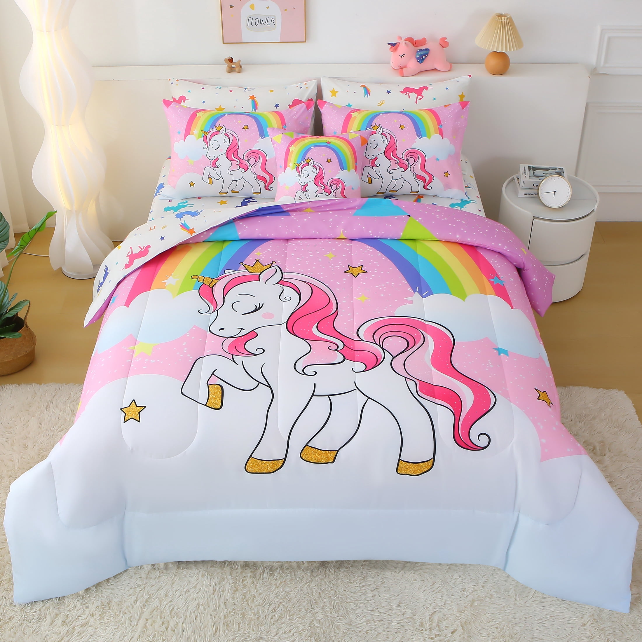 OKKEEY, Rainbow Pink Unicorn Comforter Set, Twin 6 Pcs, All Season