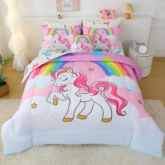 OKKEEY Rainbow Pink Unicorn Comforter Set for Girls, Full 8 Pcs Cute Colorful Unicorn Bedding Set for Kids Teens, Soft Machine Washable Bed in a Bag for All Season
