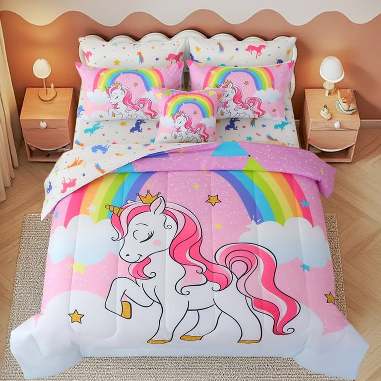 OKKEEY Rainbow Pink Unicorn Comforter Set for Girls, Full Pcs