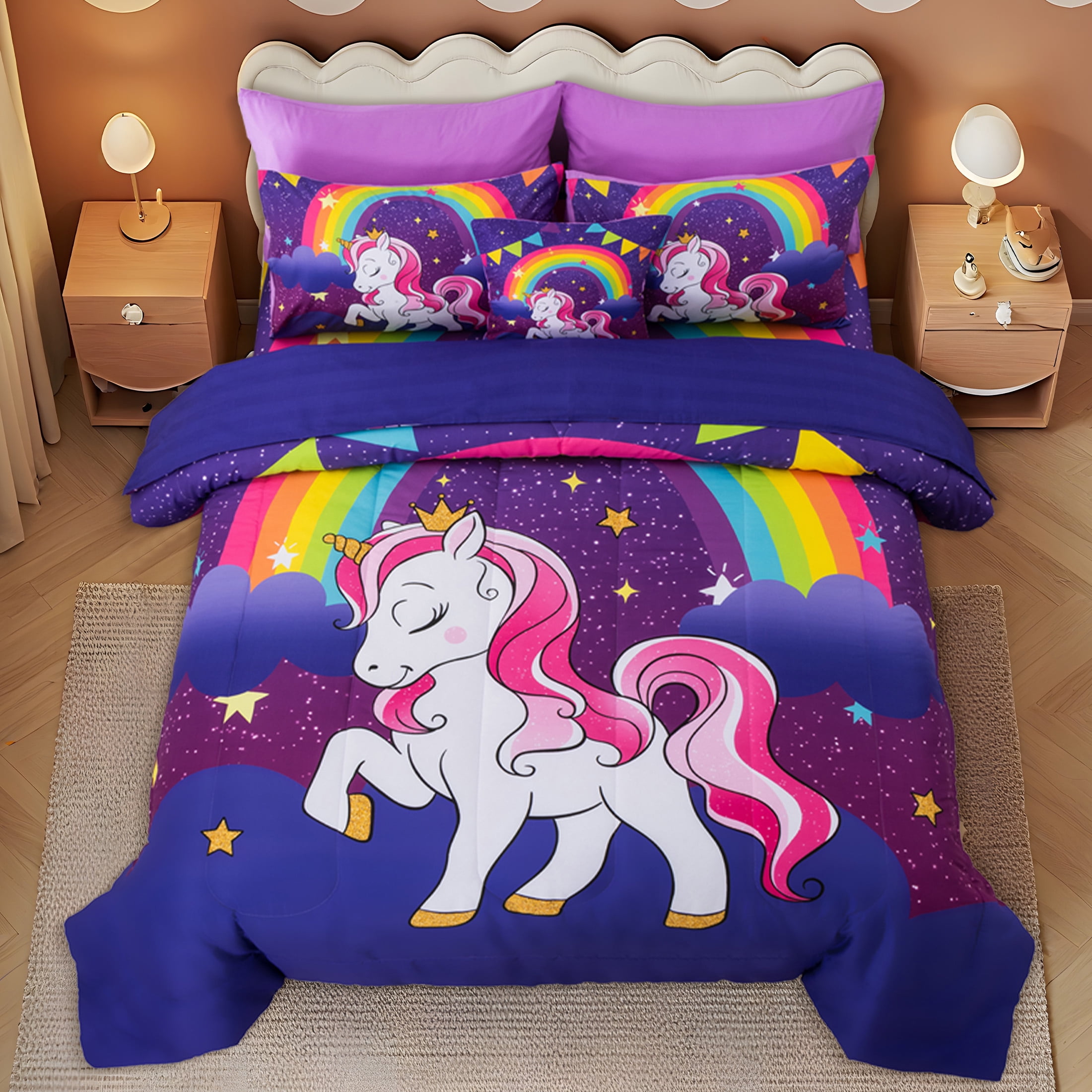 OKKEEY Full Size 8-Piece Unicorn Bedding Set for Girls, 3D Purple ...