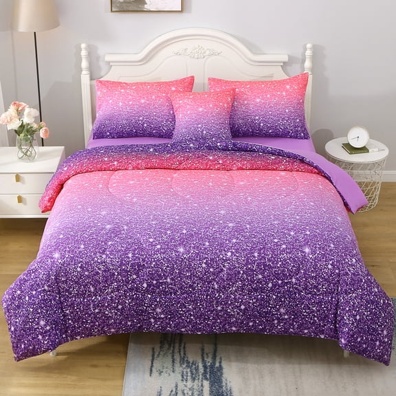 OKKEEY Pink Purple Bed in a Bag Glitter Theme Comforter Set Full Size for Girls Kids Teens, 6 Pcs Colorful Gradient Stars Bedding Set with Sheets for All Seasons