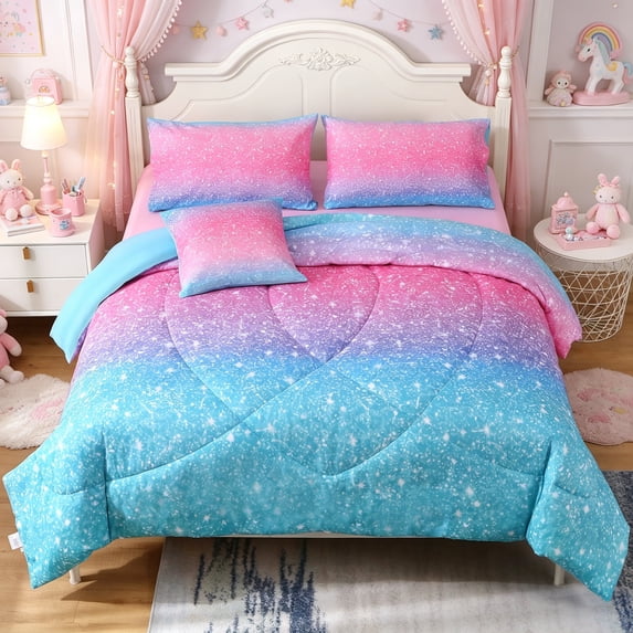 OKKEEY Glitter Theme Comforter Set for Teens Girls Kids, Queen Size 6 Pcs Gradient Blue Pink Bed in a Bag, Colorful Rainbow Bedding Sets Gift