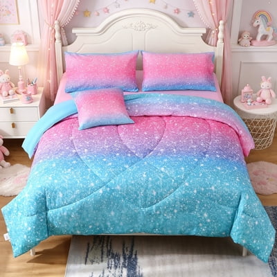 OKKEEY Glitter Theme Comforter Set for Teens Girls Kids, Twin Size 6 Pcs Gradient Blue Pink Bed in a Bag, Colorful Rainbow Bedding Sets Gift