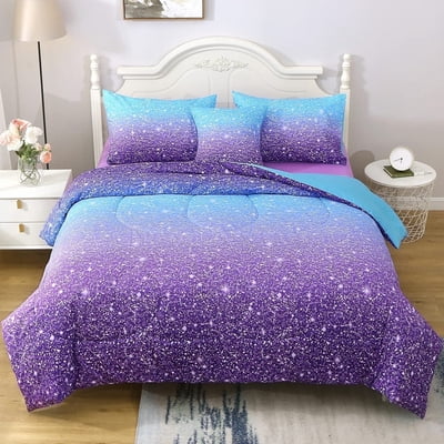OKKEEY 6 Pcs Girls Kids Comforter Set Twin Size, Blue Purple Gradient Colorful Bed in a Bag with Sheets, Soft Microfiber Bedding Set for Bedroom Decor