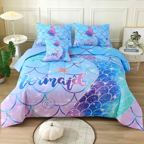OKKEEY Mermaid Tail Comforter Set Full Size for Girls Kids, 6 Pcs Glitter Blue Bed in a Bag Bedding Set with Sheet, Sparkle Bedroom Decor Gift for Teens