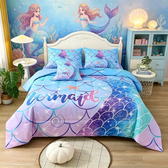 OKKEEY Mermaid Tail Comforter Set Full Size for Girls Kids, 6 Pcs Glitter Blue Bed in a Bag Bedding Set with Sheet, Sparkle Bedroom Decor Gift for Teens