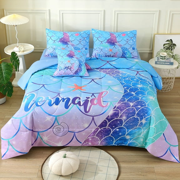 OKKEEY Mermaid Tail Comforter Set Twin Size for Girls Kids, 6 Pcs Glitter Blue Bed in a Bag Bedding Set with Sheet, Sparkle Bedroom Decor Gift for Teens