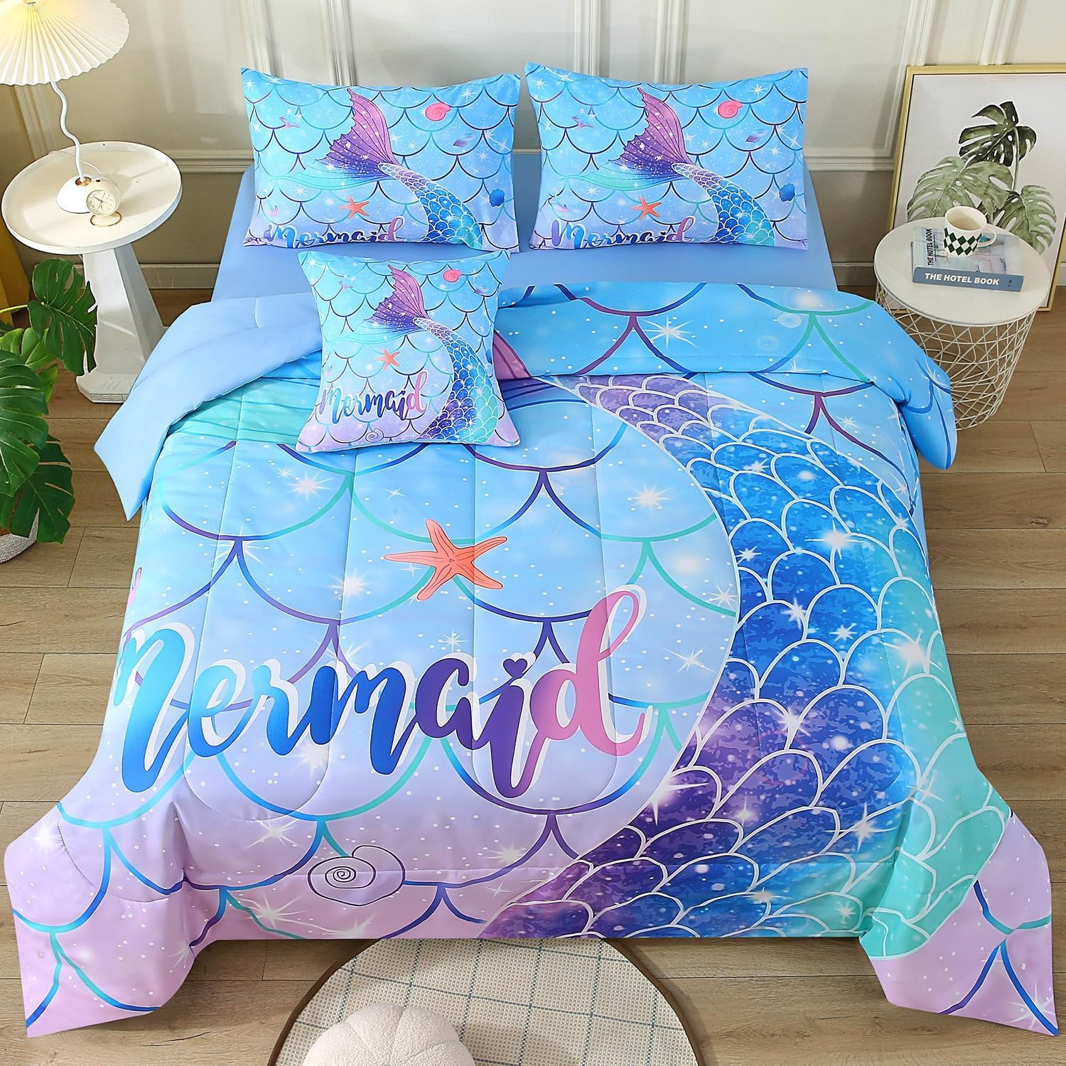 OKKEEY Mermaid Tail Comforter Set Twin Size for Girls Kids, 6 Pcs Glitter Blue Bed in a Bag Bedding Set with Sheet, Sparkle Bedroom Decor Gift for Teens