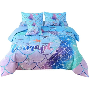 JQinHome Mermaid Comforter Set Twin Size, 6 Piece Mermaid Tail Bed in A Bag,3D Colorful Mermaid Bedding Set for Girls Kids, Sparkle Teal Bedroom Decor Bedding Set with Sheets (Blue)