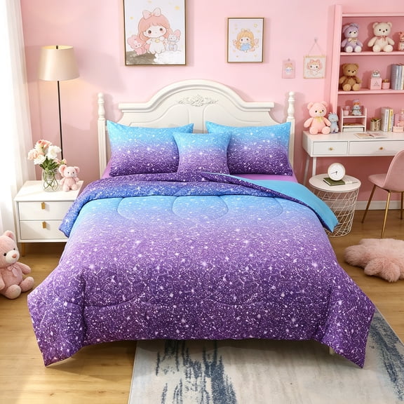 OKKEEY 6 Pcs Girls Kids Comforter Set Queen Size, Blue Purple Gradient Colorful Bed in a Bag with Sheets, Soft Microfiber Bedding Set for Bedroom Decor