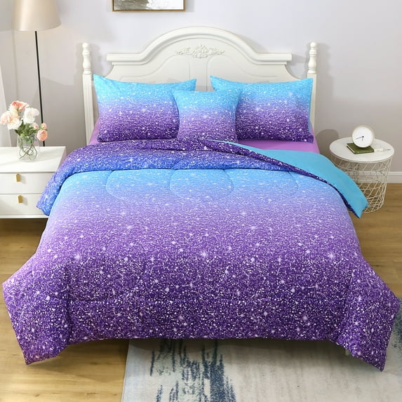 OKKEEY 6 Pcs Girls Kids Comforter Set Queen Size, Blue Purple Gradient Colorful Bed in a Bag with Sheets, Soft Microfiber Bedding Set for Bedroom Decor