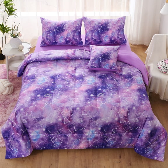 OKKEEY Queen Size Girls Comforter Set, 6 Pcs Purple Constellation Tie Dye Colorful Bedding Set for Adult & Kids, Soft Microfiber Breathable Bed in a Bag Quilt Set with Pillowcases