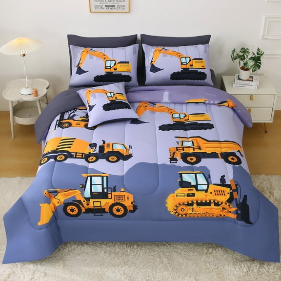 OKKEEY Queen Bed in a Bag Bedding Sets for Boys, 8 Pcs Construction Truck Theme Comforter Set, All Season, Car Excavator Tractor Room Bedding Gift for Kids Teens