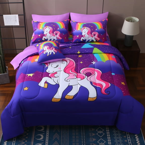 OKKEEY Rainbow Purple Unicorn Comforter Set 8 Pcs Queen Bed in a Bag for Girls Teens, Soft Microfiber Washable Bedding Set for Kids Age 5+, with Comforter, Sheets, Pillowcases