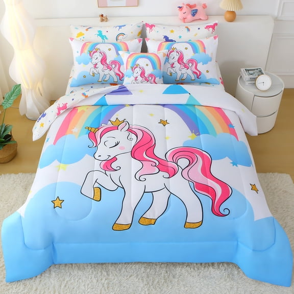 OKKEEY Rainbow White Unicorn Girls Bedding Queen Comforter Set, 8 Pcs Cozy Bed in a Bag with Comforter, Sheets, Pillowcases for Kids Teen, All Season