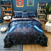 OKKEEY Game Comforter Set for Boys, Twin Size 6 Pcs Xbox Gamer Bed in a Bag Gray Blue Gamepad Bedding Set for Teens Kids & Men, 100% Lightweight Microfiber Gaming Quilt Set