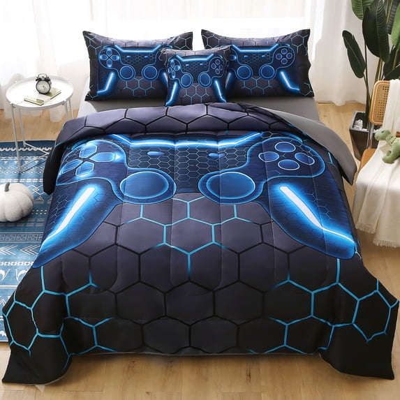 OKKEEY Game Comforter Set for Boys, Twin Size 6 Pcs Xbox Gamer Bed in a Bag Gray Blue Gamepad Bedding Set for Teens Kids & Men, 100% Lightweight Microfiber Gaming Quilt Set