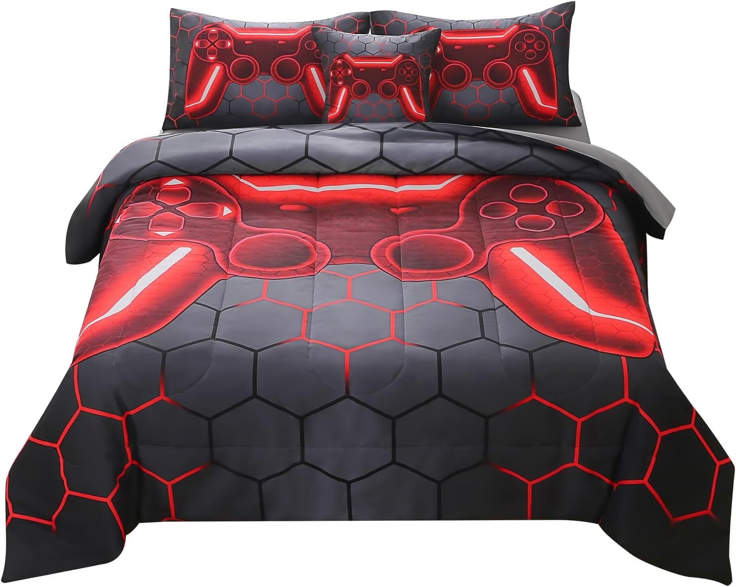 OKKEEY Twin Comforter Sets Clearance, 6 Pcs Boys Gaming Bed in a Bag with Sheets, All Season Soft Microfiber Red Gamepad Bedding Set for Kids Teens