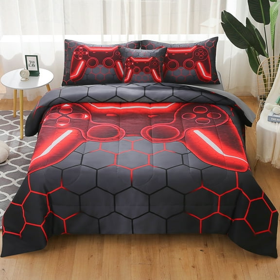 OKKEEY Twin Comforter Sets Clearance, 6 Pcs Boys Gaming Bed in a Bag with Sheets, All Season Soft Microfiber Red Gamepad Bedding Set for Kids Teens