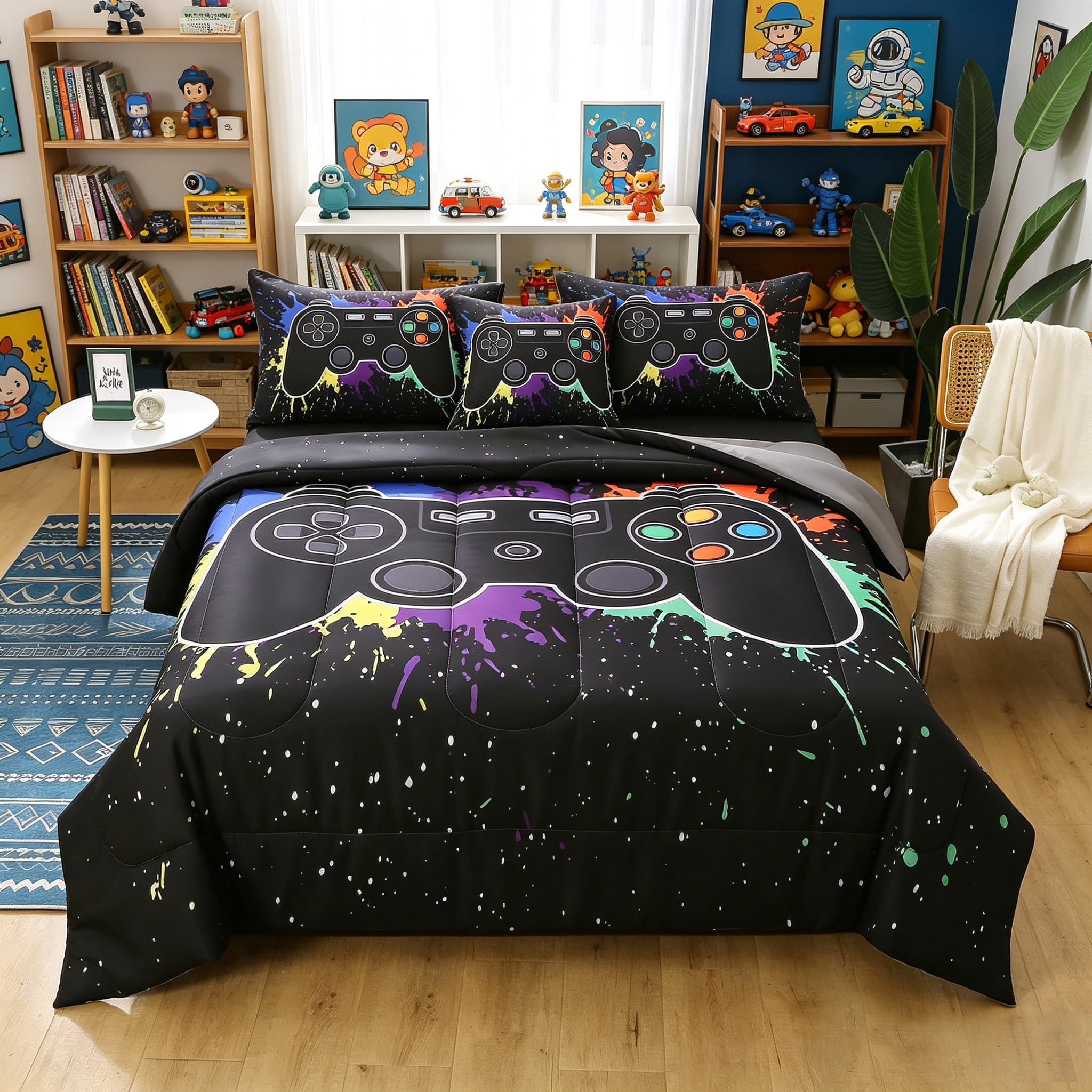 OKKEEY Boy Twin Gaming Comforter Sets, 6 Pcs Video Gamer Bed in a Bag for Kids Teens, Ps5 Xbox Bedding Set Children's Room Decor Gift, Soft Microfiber Black Graffiti Game Bed for All Season